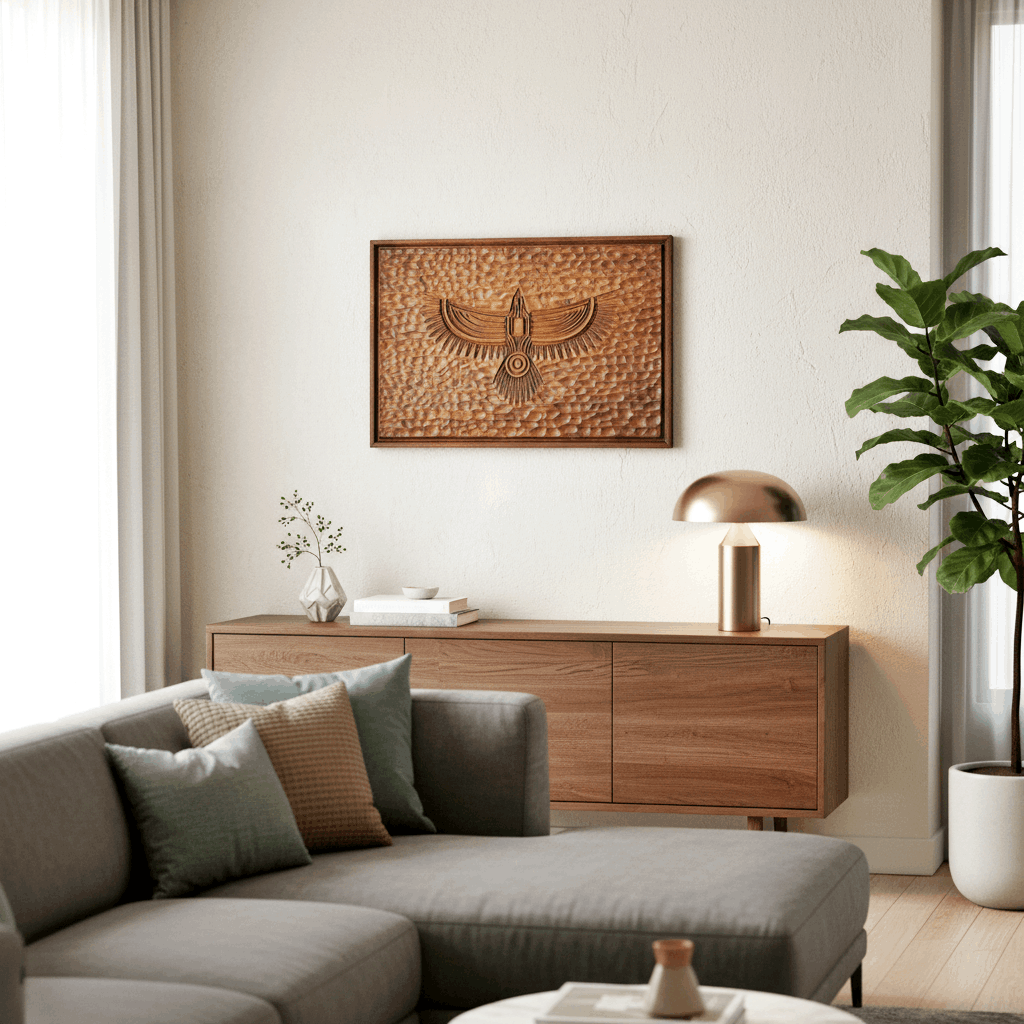 Walnut carved tribal eagle totem symbol wood wall art panel